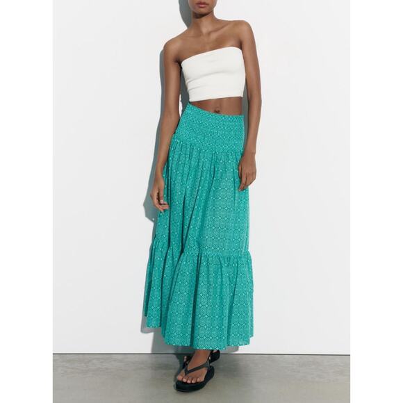 Zara Matching Set Maxi Skirt Crop Blouse XS Blue Green Print Dress 100% Cotton - Picture 4 of 16